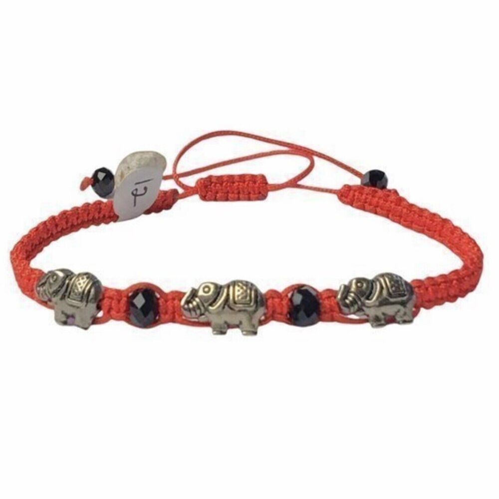 Lucky Elephant Bracelet Adjustable Sliding Knot Red Cord Black Silver Beads
